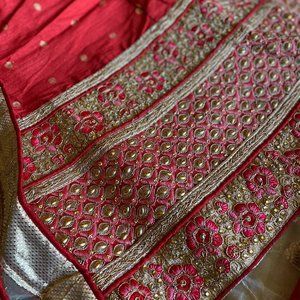 Indian Lahenga (Red + Gold) + Net Dupatta + Cotton Banarsee